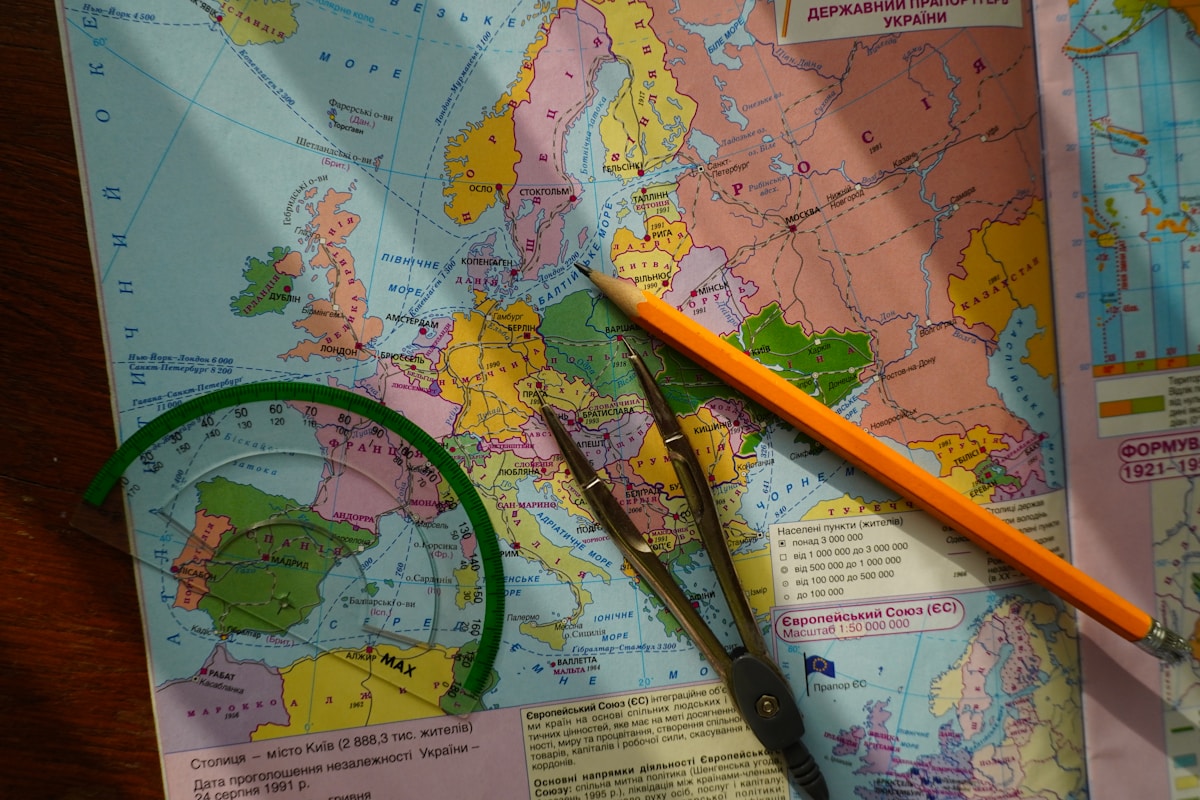 Map of europe with drawing tools and pencil